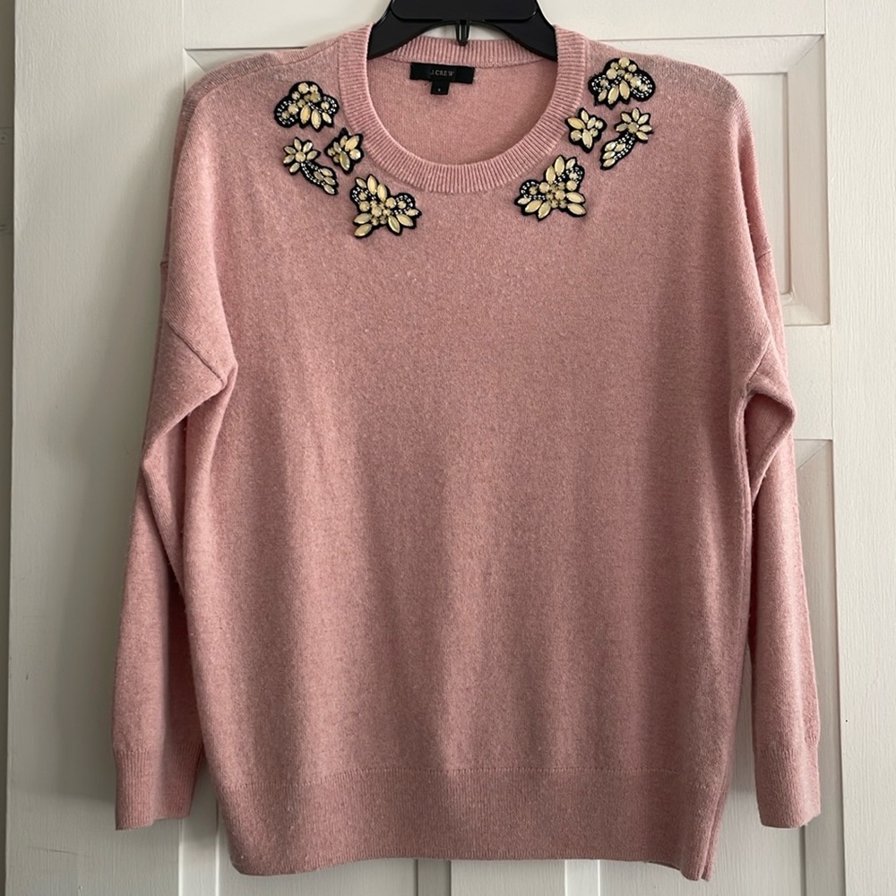J Crew S Wool Pink Embellished Sweater Opal Rhinestone Lightweight 2021